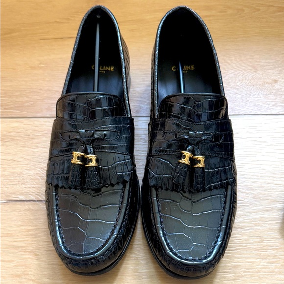 Celine Black Croc Embossed Leather Loafers - Picture 1 of 9
